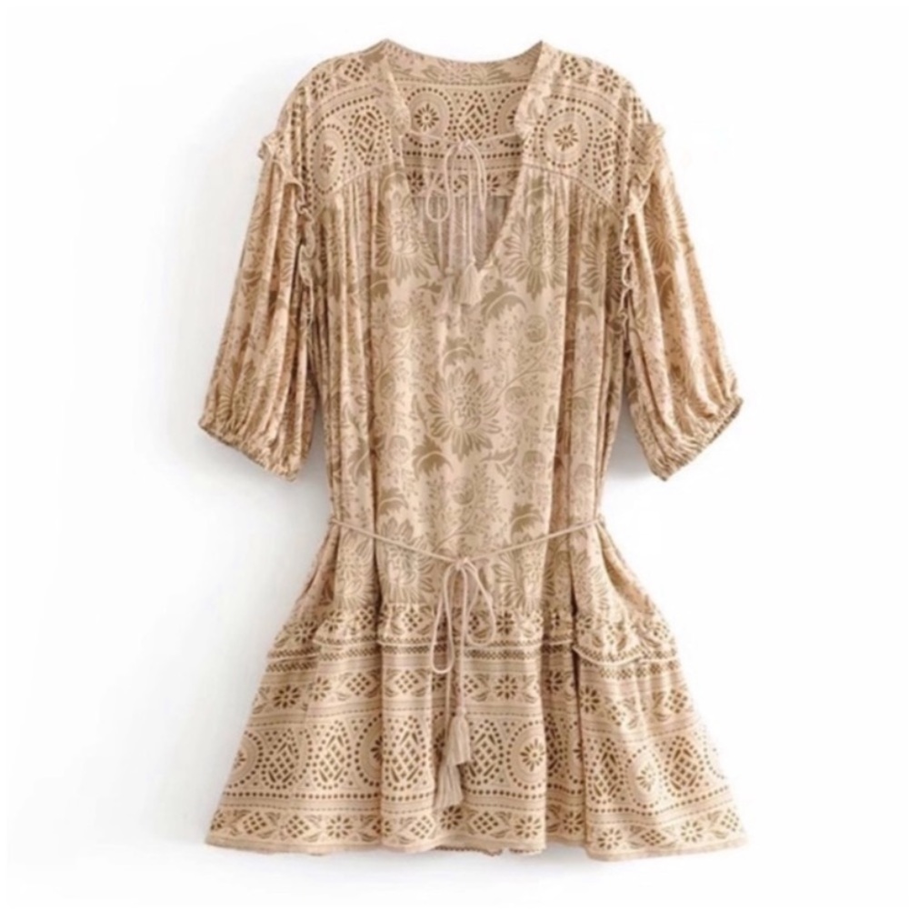 SOLD OUT Khaki Autumn Winds Boho Floral Mini Ruffle Dress - Picture 5 of 6